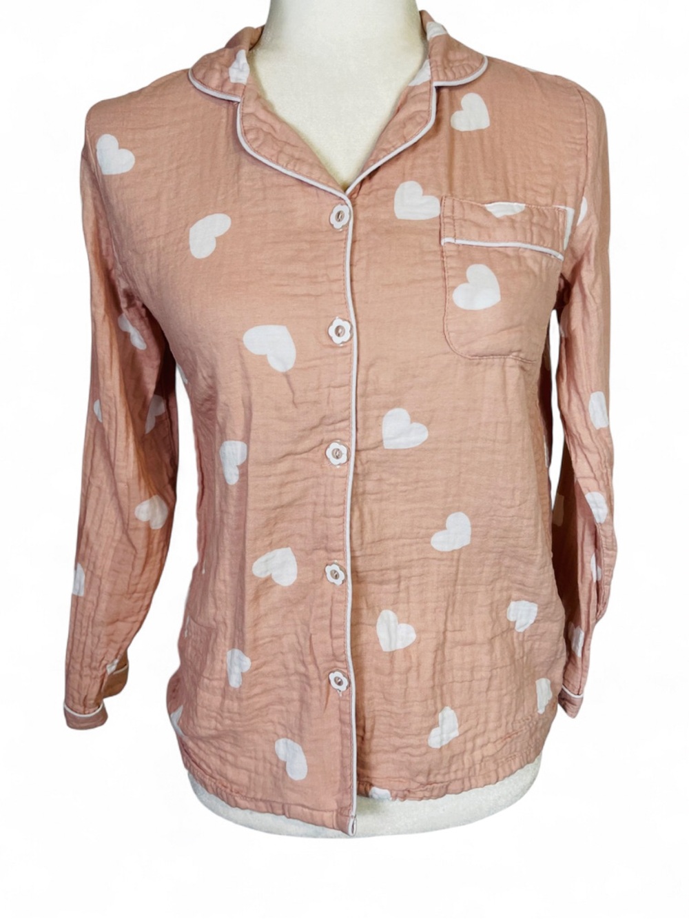 The Fleece Company Size Small S Button Down 100% Cotton Shirt Heart Print Pink